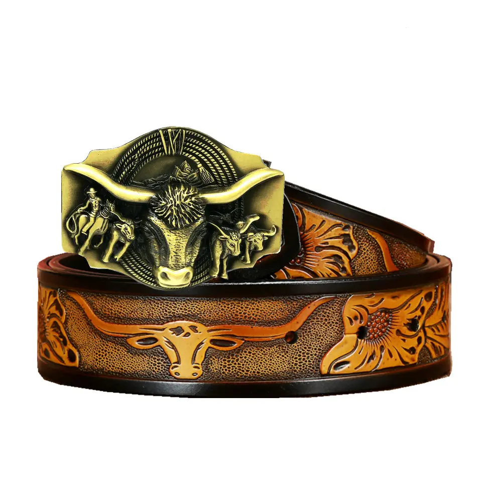 

Western cowboy men's leather retro belt domineering bull head buckle leather belt pattern retro leather belt