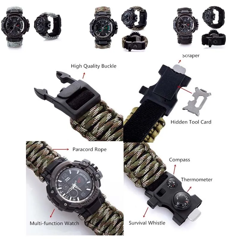 Outdoor Survival Watch Waterproof Multifunctional Survival Kit Military Tactical Paracord Watch Bracelet Camping Tool Emergency