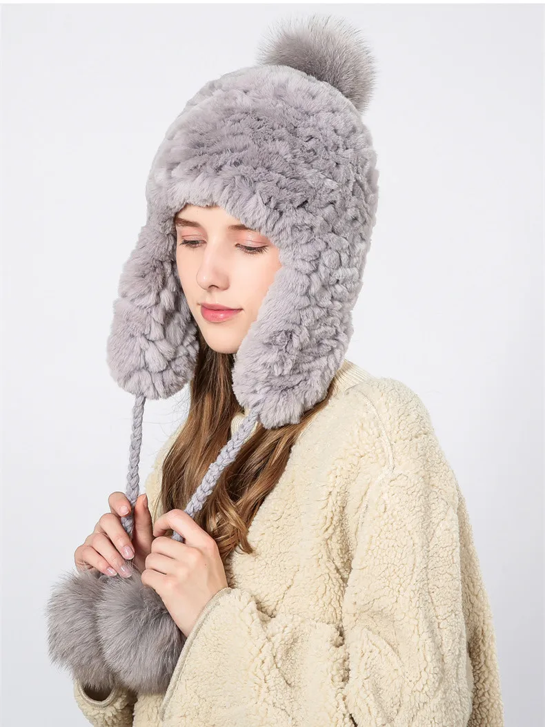 

Winter Skull Beanie Hat with Ear Flap Women Fluffy Real Rex Rabbit Fur Knit Warm Thick Soft Ski Cap with Big Pompom