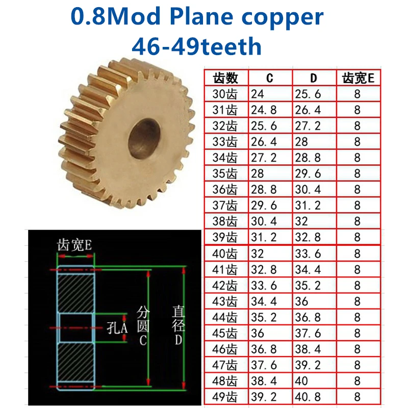 

1pc Plane copper 0.8 mod 46t 47t 48t 49t teeth involute spur gear