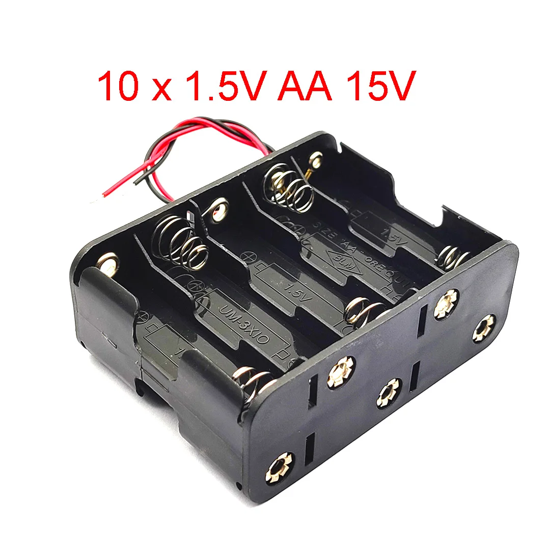 10AA Battery Holder AA Battery Box AA Battery Case 15V Clip Holder Box Battery Storage Case With Wire Leads Black 10*AA