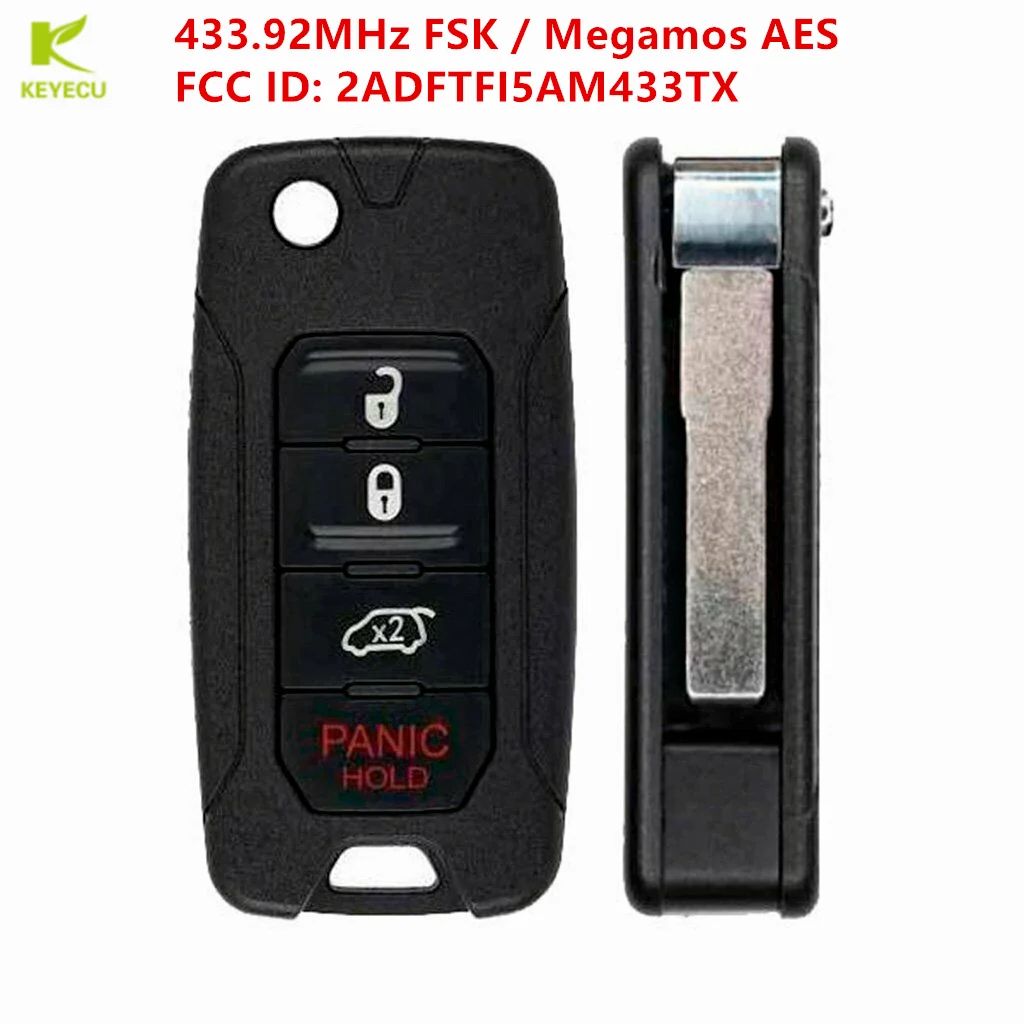 KEYECU Replacement 4Button Flip Remote Key FOB 433.92MHz Megamos 48 AES for Jeep Renegade for Fiat 500X FCC ID: 2ADFTF15AM433TX