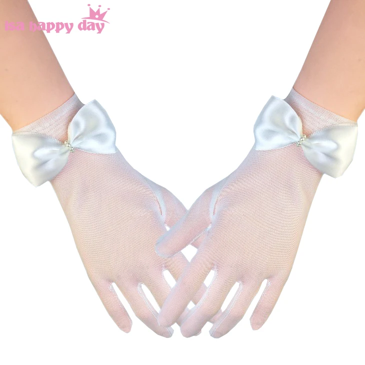Bridal Short Ivory Beaded Bow Gloves Women Summer Mesh Gauze Ultra Thin Vintage Elegant Women Gloves Transparent Party Glove