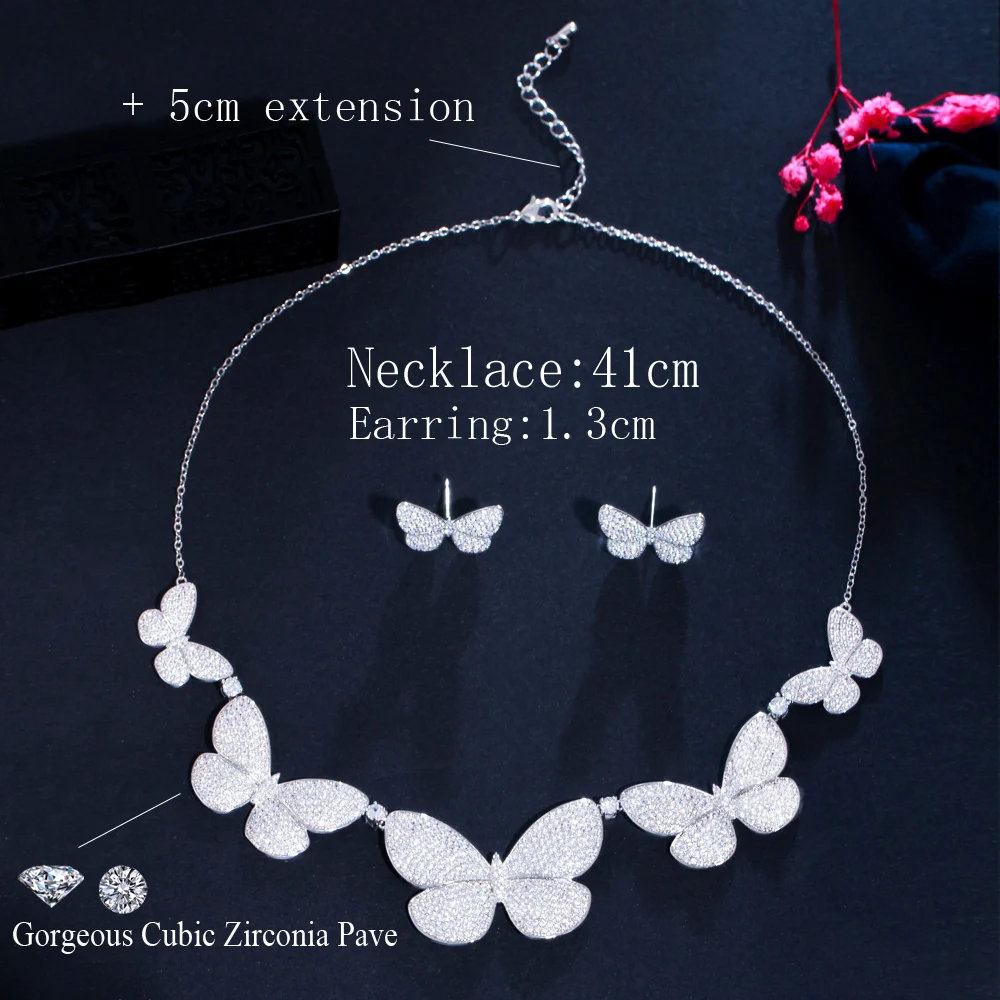 CWWZircons Micro Pave Cubic Zirconia Chic Big Butterfly Costume Necklace and Earrings Luxury Designer Jewelry Set for Women T552