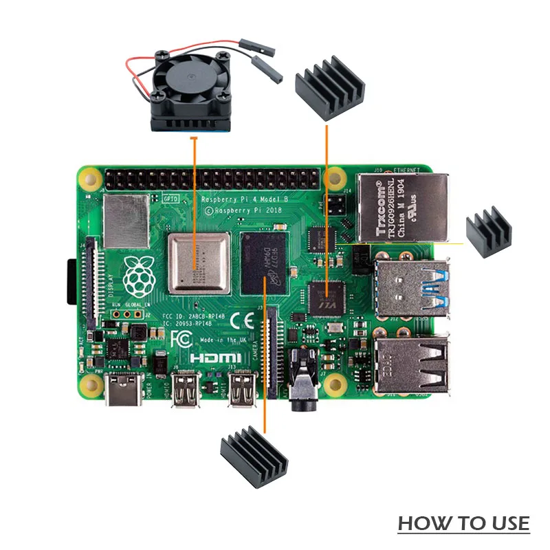 Raspberry Pi 4 modèle B, ventilateur de refroidissement CPU avec Base de dissipateur thermique en aluminium + dissipateur thermique RAM, Kit pour