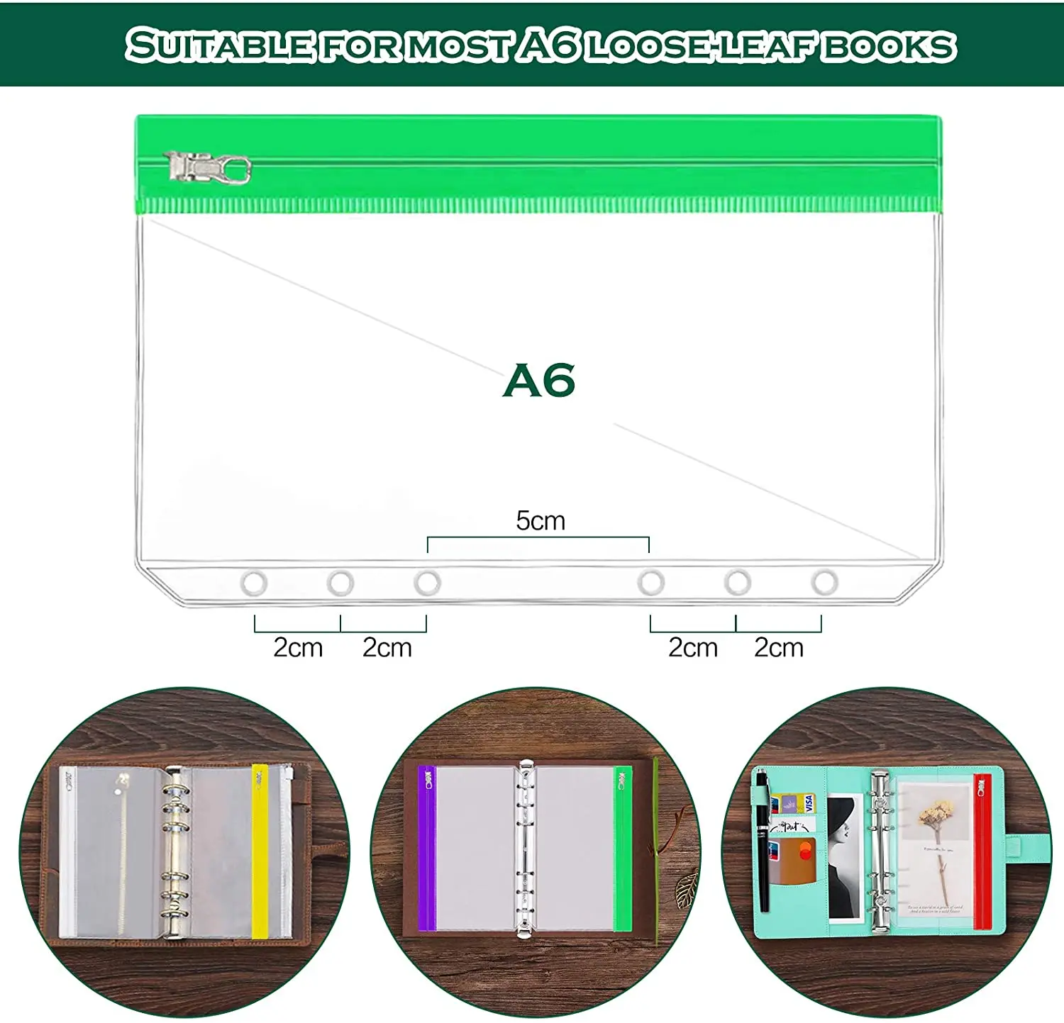 8Pcs/Set 6-Ring Binder Pockets  A6 Multicolor PVC Binder Pockets with Metal Zipper Waterproof for Cash Envelopes/Bill Storage