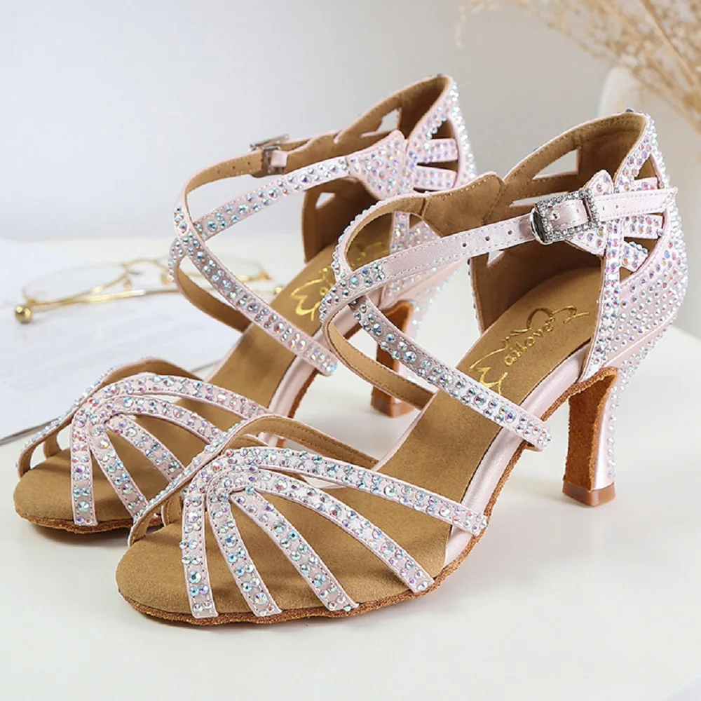 Ailove Crystal Ballroom Latin Dance Sandals Professional Salsa Swing Shoes Handmade with Satin ans Rhinestone S016