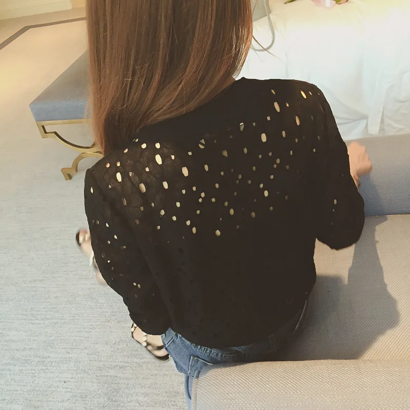 Chaqueta de encaje de manga larga para mujer, abrigo de bombardero transpirable ahuecado, sólido, Delgado, con encaje, protector solar, ropa de