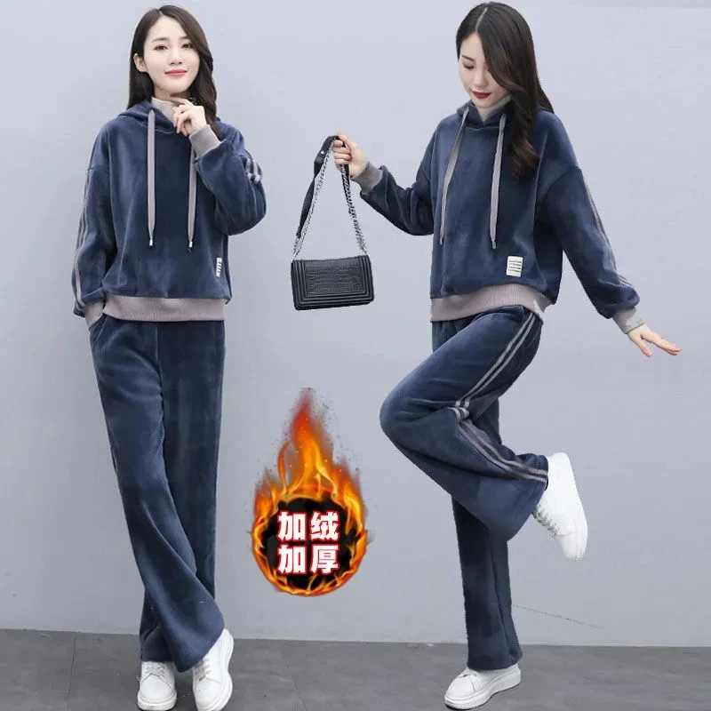 Thicken Casual Velvet Tracksuit Women Winter Warm Patchwork Turtleneck Hooded Sweater Pant Suit Plus Size 2 Piece Set Loungewear