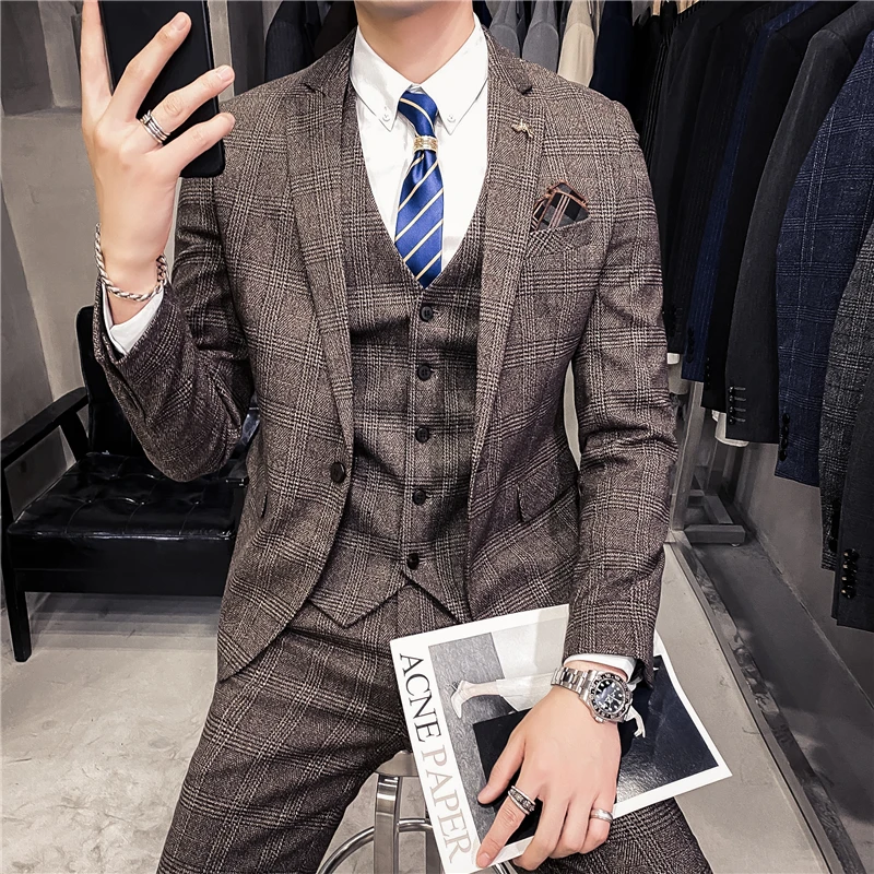 

Luxury Men Slim Fit Check Suit Men Business Office Formal Suits 3 Pcs Set Blazers Pants Vest Casual Wedding Social Tuxedo Dress