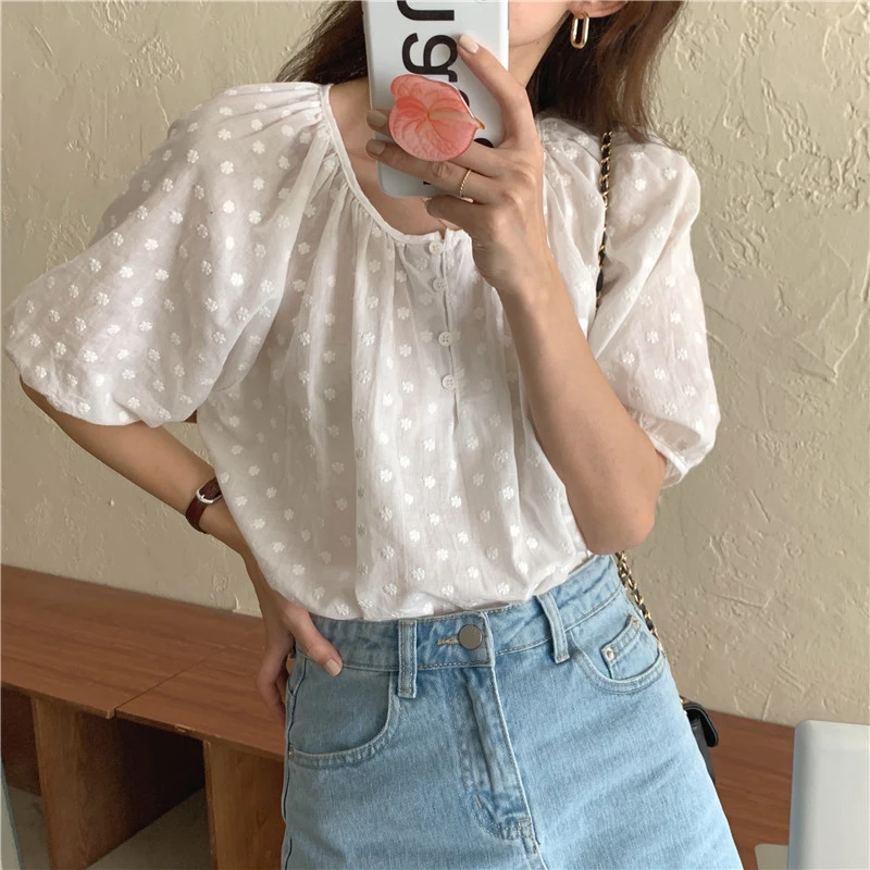 New 2021 Summer Women\'s Blouses Fashionable Sweet Shirts Vintage Embroidery Korean Minimalist Style Wild Lady Short Tops BL9285