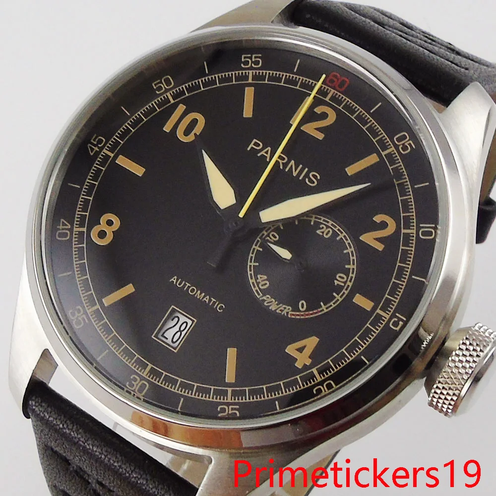 new automatic men watch 48mm date indicator leather strap stainless steel case solid backcover