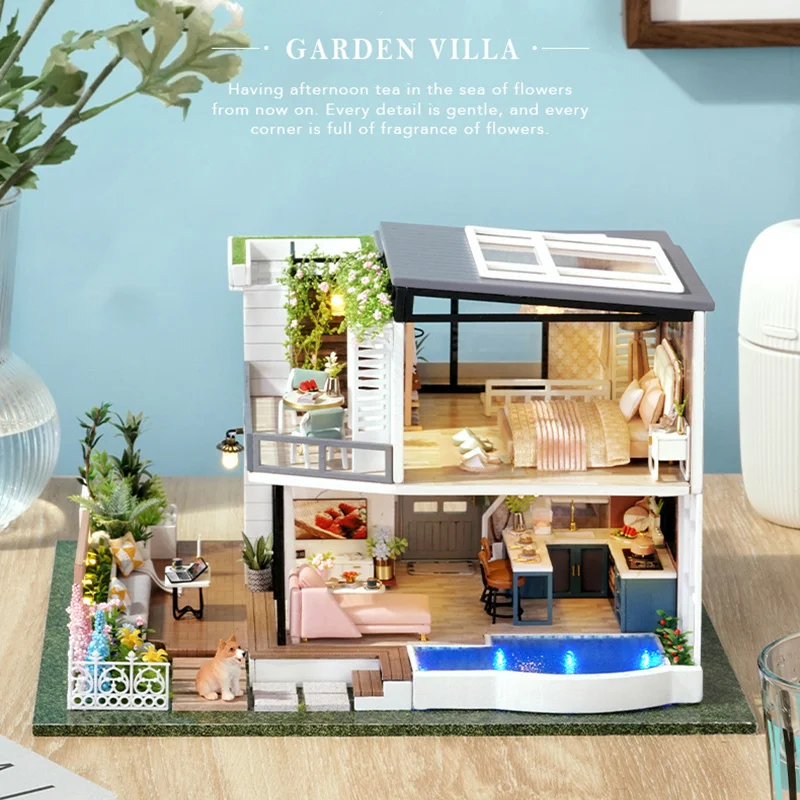 

Wooden DIY Doll House Model Miniature Building Kits West Creek Casa Garden Villa With Dollhouse Furniture Toys For Girls Gifts