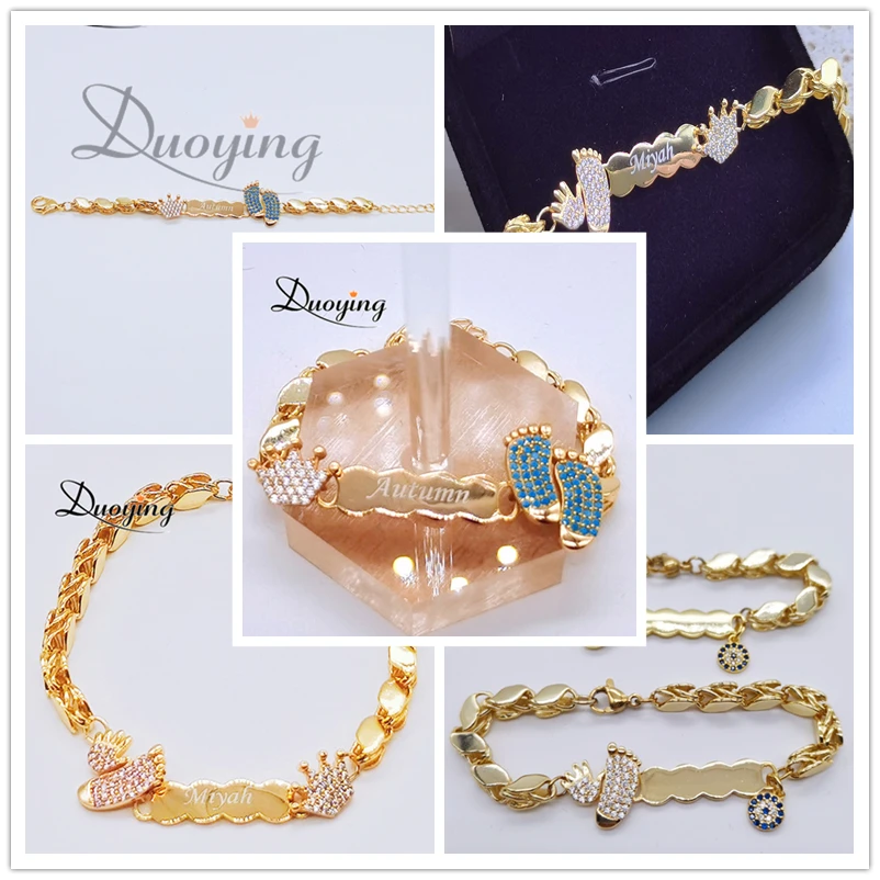 Imagem -05 - Duoying Pulseira com Nome e Coroa de Bebê Bracelete de Zircônia com Pedras Coloridas e Nome Personalizado