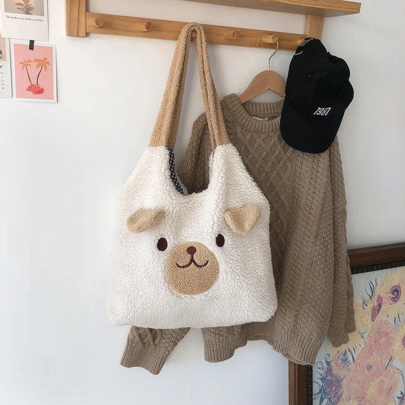 Art Designer Bag Lovely Bear Ears Plush Tote Bag Women Large-capacity Shoulder Bag Soft Lamb Bag Ladies Hand Bags Bolsa Feminina