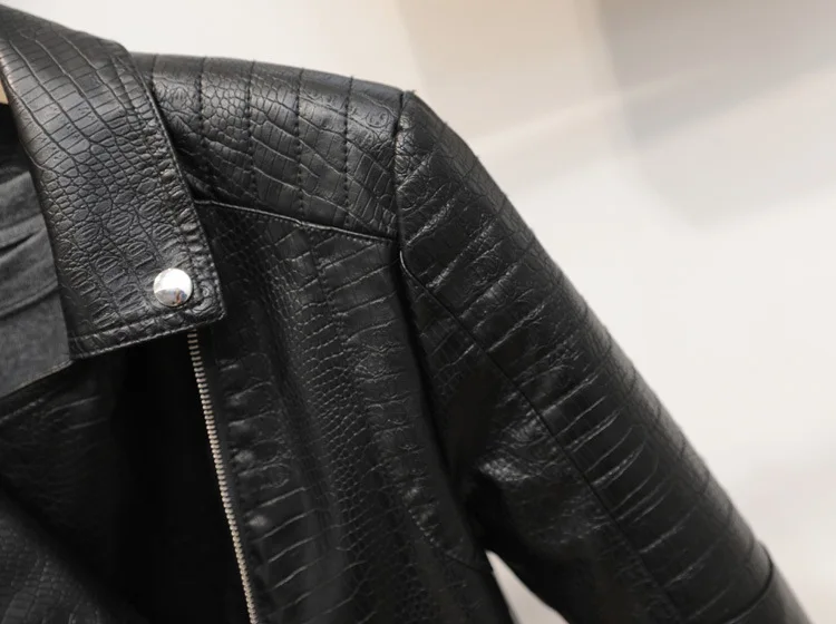 Veste en Faux cuir pour femme, manteau de motard court, Texture peau de Crocodile, avec ourlet détachable, 2021