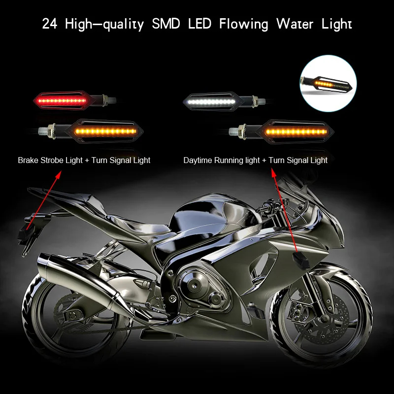 24 LED Motorcycle Turn Signal Indicator Blinkers 12V Three-use Sequential DRL Flashing Brake Lights Warning Lamp