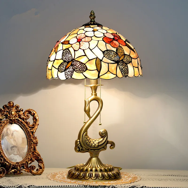 Tiffany Copper Painted Shell Craft Lamp Retro Pastoral Living Room Bedroom Big Swan Bedside Table Lamp, E27, AC110V 220V