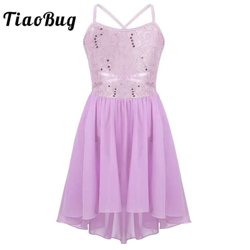 TiaoBug Kids Girls Spaghetti Straps Sequins Lace High-Low Chiffon Ballet Gymnastics Leotard Figure Skating Dress Dance Costume