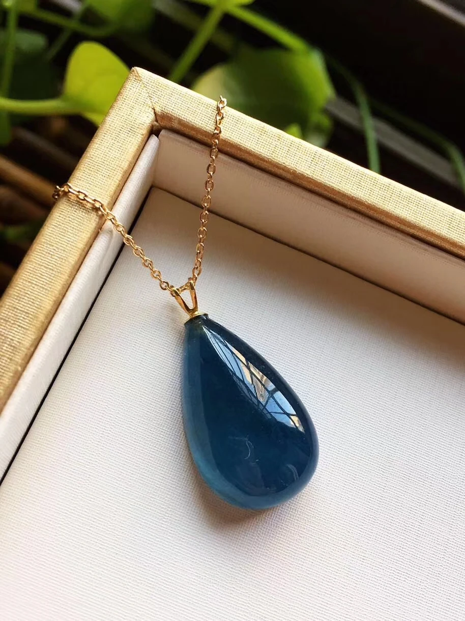 Natural Deep Blue Aquamarine Clear Crystal Women Pendant 26x15x9mm Water Drop Stone 925 Silver Necklace Pendant AAAAAA