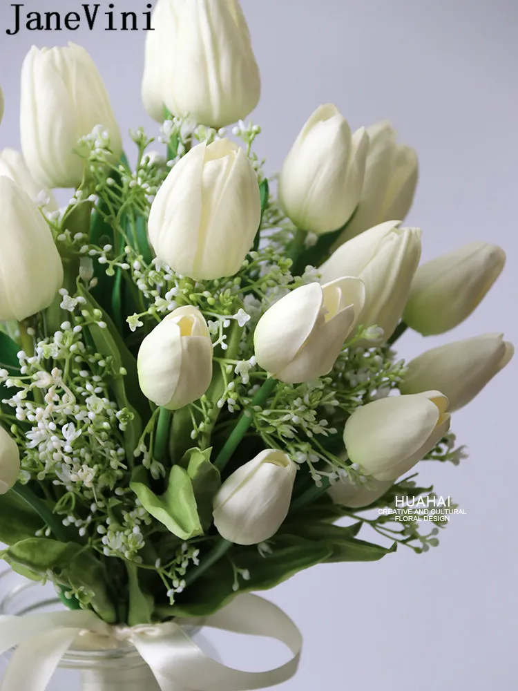 JaneVini Newest Design White Tulip Wedding Bouquet for Bride Artificial Flowers Real Touch Bridal Hand Bouquet Kwiaty Sztuczne