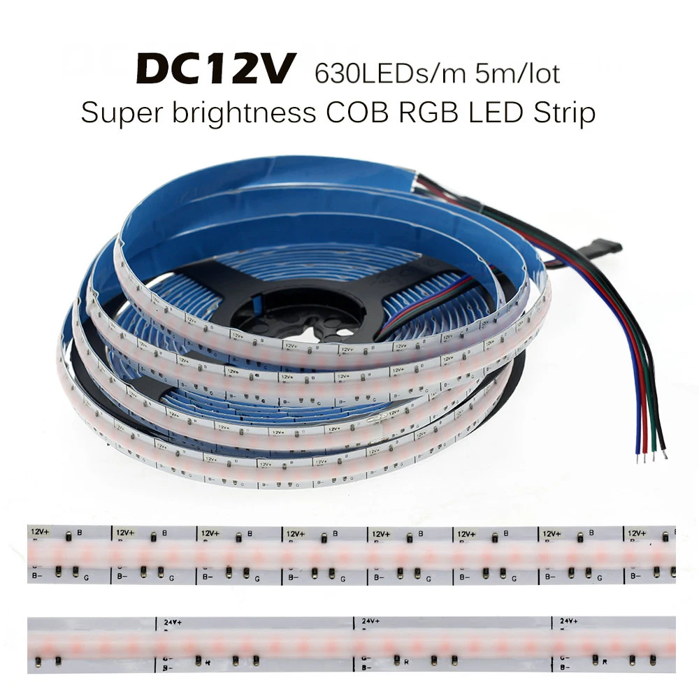 DC12V 24V 384 LEDs pasek COB LED 630LEDs RGB elastyczny COB LED Lights czerwony/Greeen/niebieski/lodowy blękit/różowy/złoty taśma LED 5m.