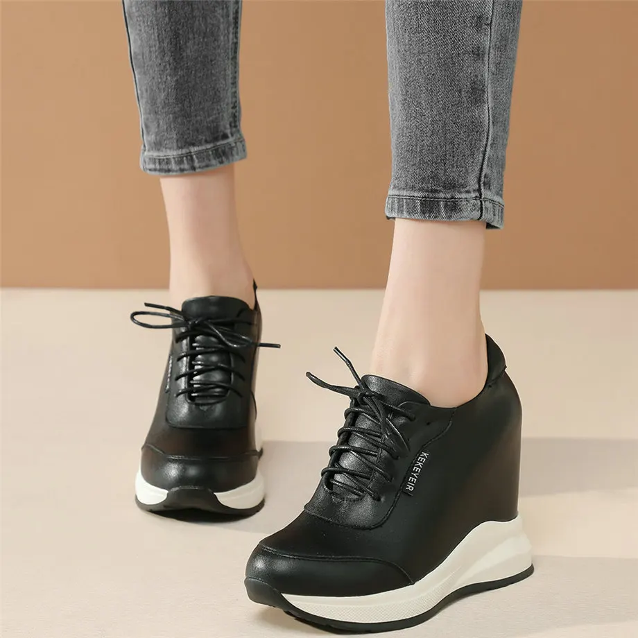 Fashion Sneakers Women Genuine Leather Wedges High Heel Ankle Boots Female Lace Up Round Toe Platform Pumps Shoes Casual Shoes