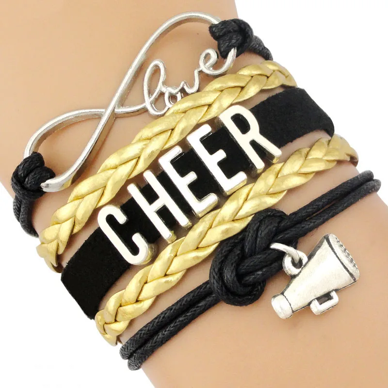 Infinity Megaphone Cheer Mom Bracelets Cheerleader Cheering Squad Team Charm Girls Leather Wrap Jewelry