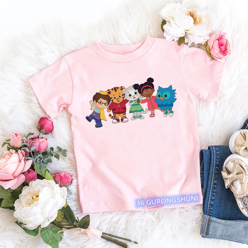 Daniel Tiger\'s Neighborhood Cartoon Print T-Shirt Kawaii Girls, Top Rosa, Engraçado, Roupa de Bebê, Moda Infantil