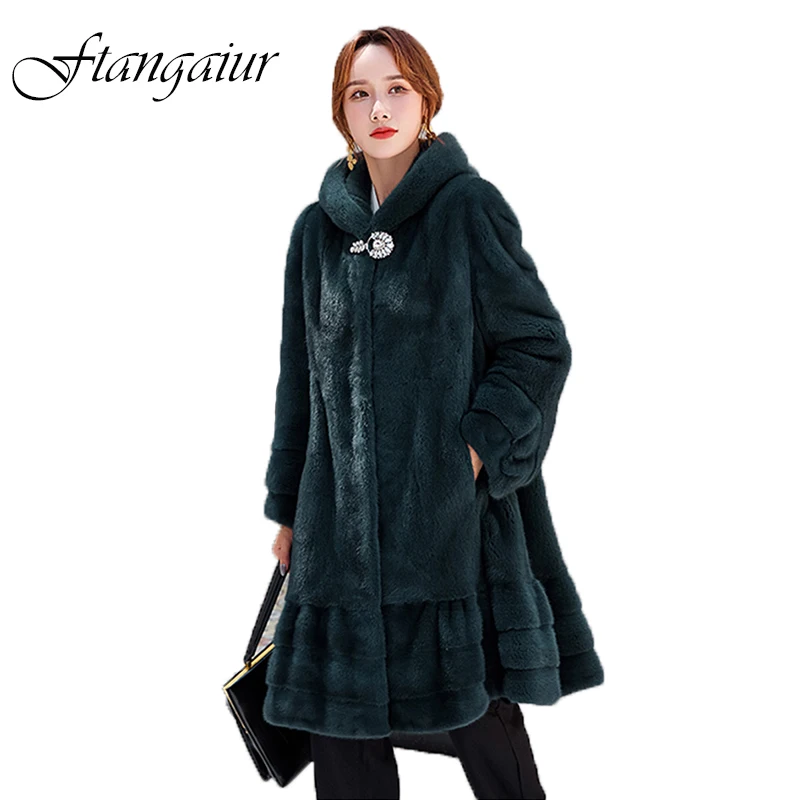 

Ftangaiur Winter Import Purple Standard Velvet Mink Fur Coat Women's Medium With Fur Hood Losse Natural Real Mink Fur Coats