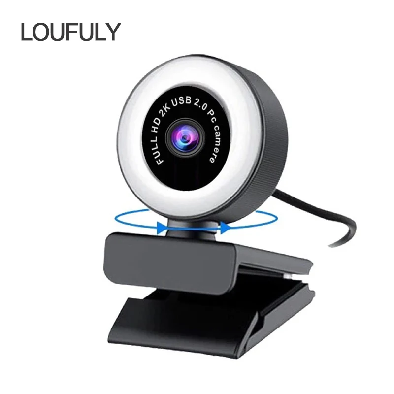 webcam 1080p com led 60fps para computador camera hd 2k com foco automatico tripe ajustavel para transmissao ao vivo luz de preenchimento 01