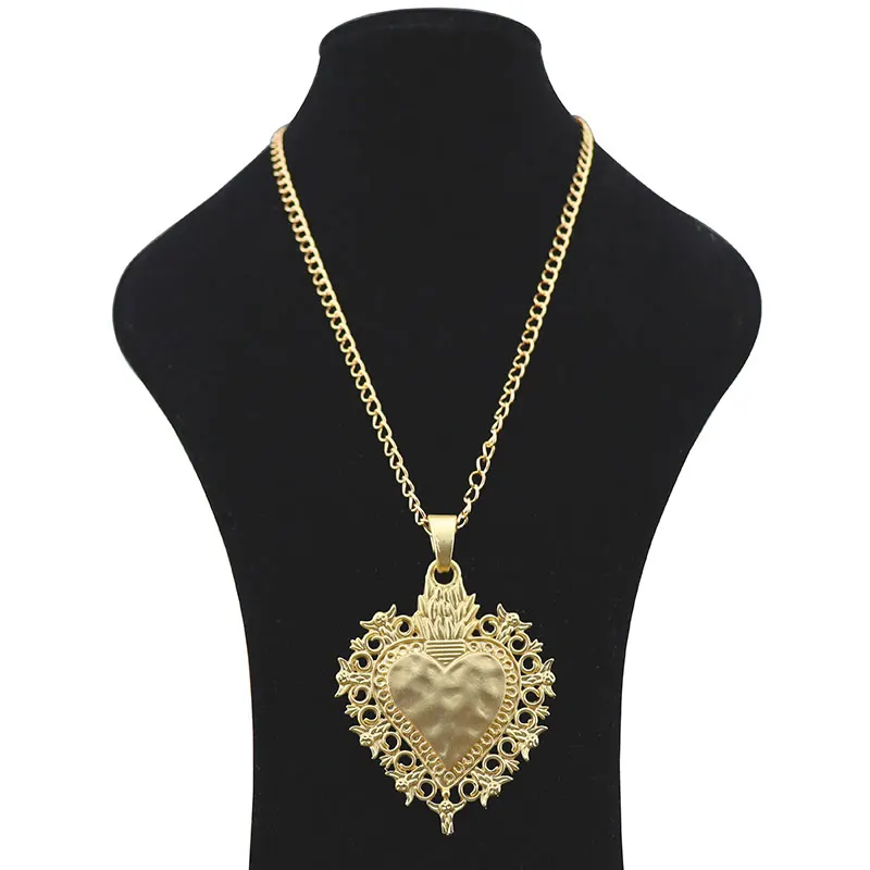 Matt Gold Color Fashion Large Abstract Metal Boho Large Love Heart Jewellery Pendant Necklaces on Long Link Chain Lagenlook 34