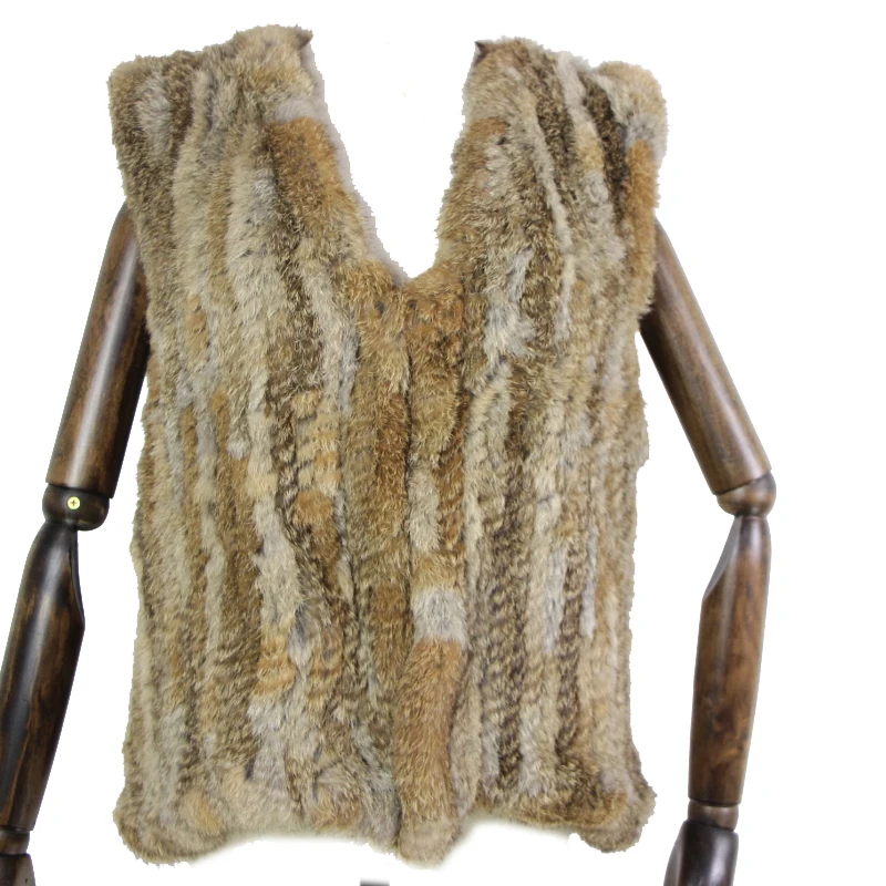 Hot Sale Womens natural real Knitted rabbit fur vest without raccoon fur collar waistcoat/jackets rabbit knitted Fur Vest