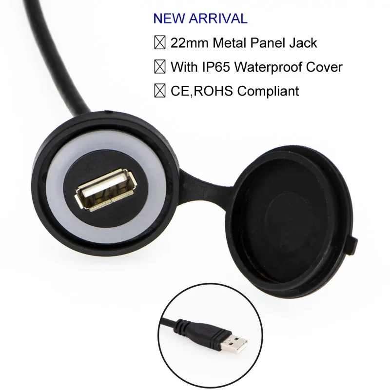 USB connector socket  Car Dash Board Mount USB2.0 Female A to Male A circle light with extention cable(60cm,150cm,200cm)
