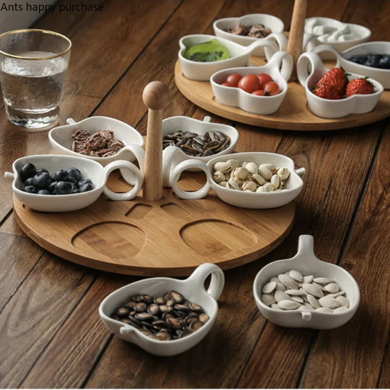 Home Ceramics Dried Fruit Plate White Apple/heart-shaped/small Fish Five Grid Snack Bowl Snack Platter Rotatable Wooden Base