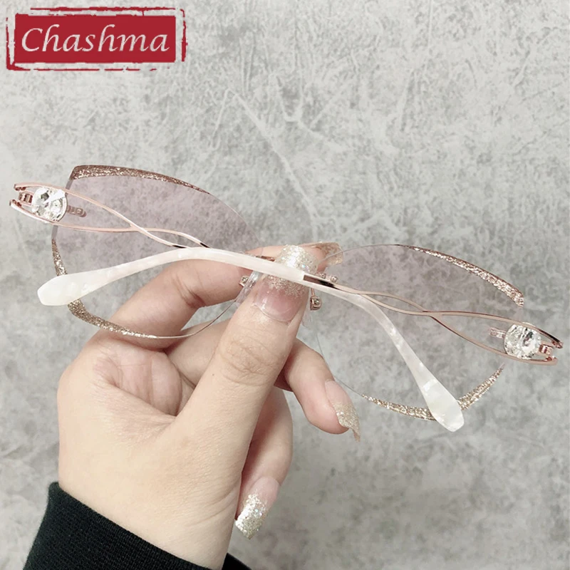 Chashma Rimless Light Frame Diamond StonesTrend Eyeglasses Titanium Flexible Light Spectacles for Women