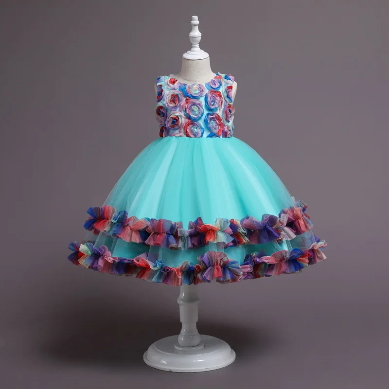 Vestido infantil de arco-íris com laço, vestido elegante de festa, casamento e primeira comunhão da sagrada