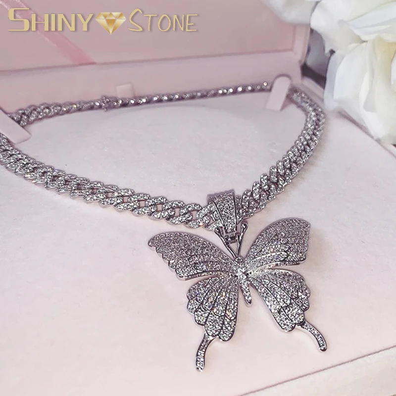 New Iced Out Blin Cuba Chain Butterfly Pendant Necklace Full Clear CZ Stone Diverse Dangle Animal Necklace Women Wedding Jewelry