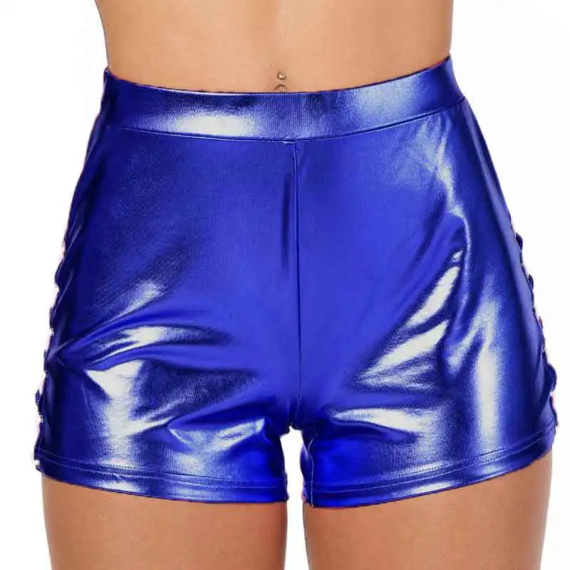 Vrouw Sexy Bandage Shorts Shiny Pu Shorts Mid Taille Plus Size Volwassen Zilver Metallic Rave Booty Shorts Dans Lederen Shorts