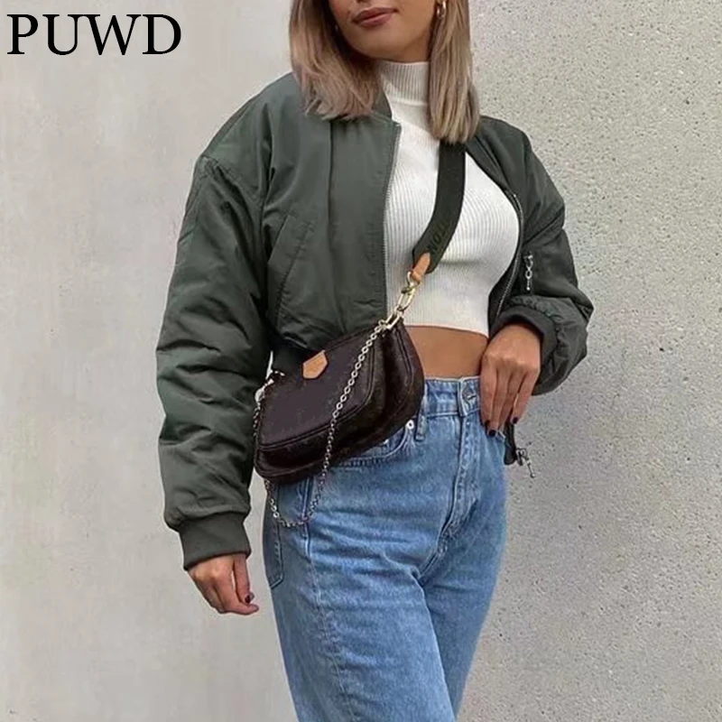 

PUWD Casual Women Flying Padded Jacket 2021Autumn Winter High Street Solid Pocket Short Parka Vintage Loose Female Chic Outwear