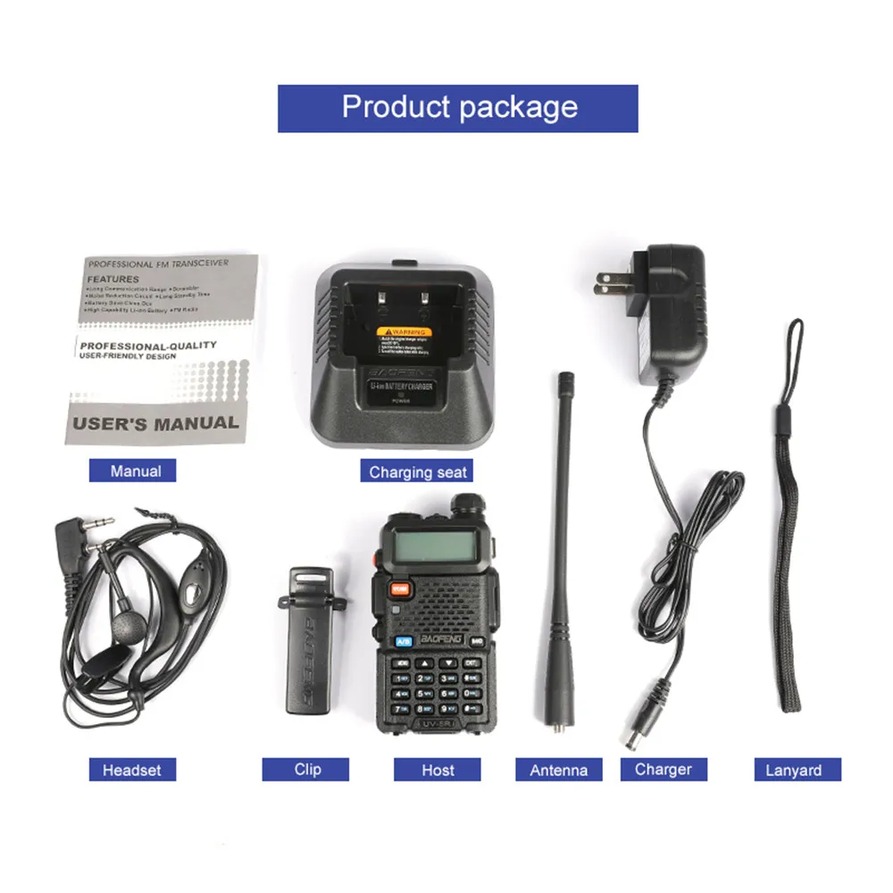 Baofeng UV-5R Walkie Talkie 5 Вт любительская радиостанция UV двухдиапазонная 136-174 МГц и 400-520 МГц 2-сторонняя портативная FM-любительская передача 1800 мАч