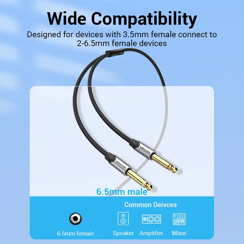 Vention 3.5mm do podwójnego 6.5mm kabla TRS AUX męski Mono 6.5 Jack do Stereo 3.5 Jack Audio kabel do adaptera wzmacniacz miksujący 6.35