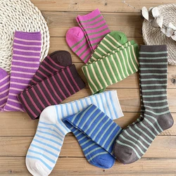 Fashion Women Socks 2022 New Korea Style Female Middle Tube Color Striped Casual Cotton Breathable Lady Crew Socks Cotton Sock