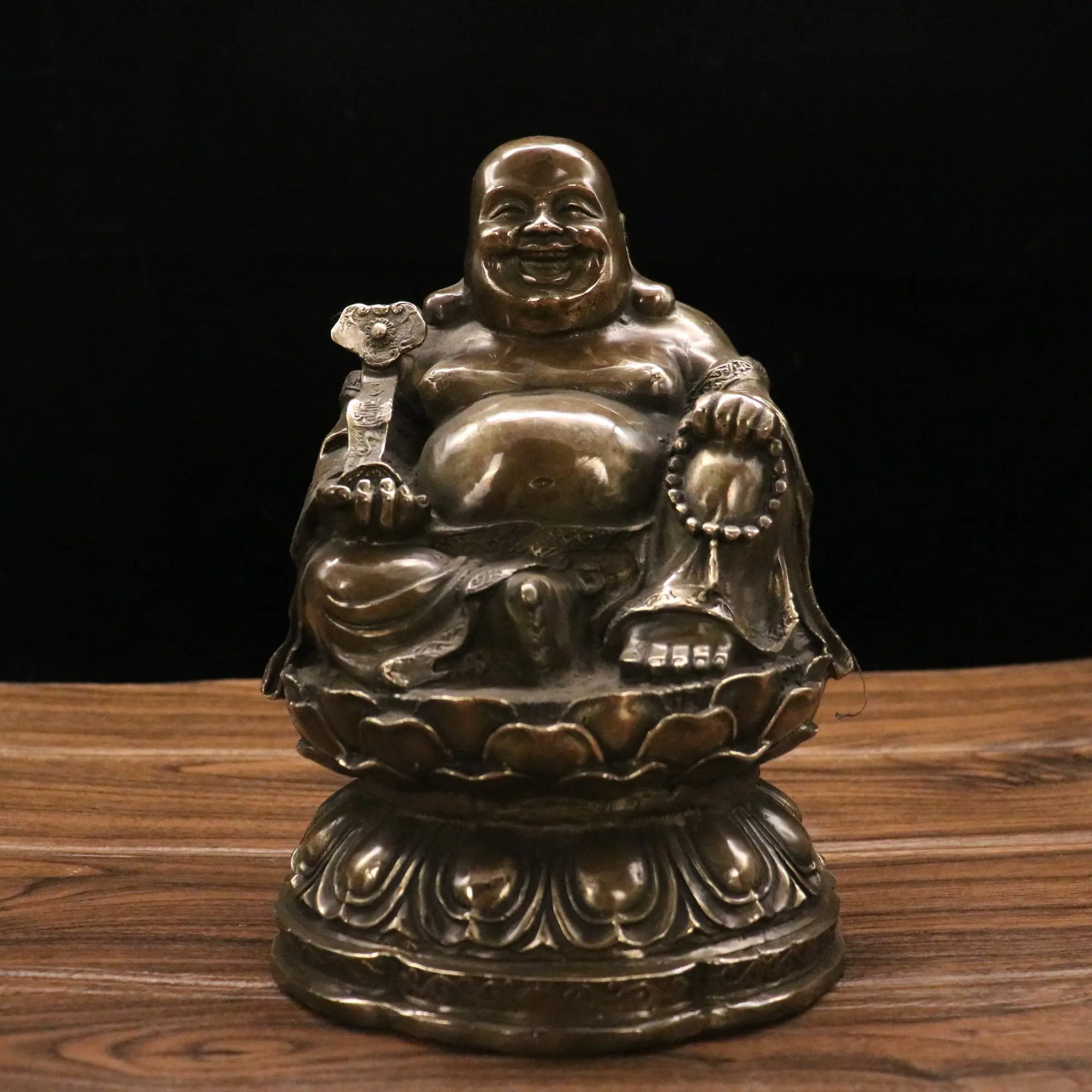 

10"Tibetan Temple Collection Old Brass Ruyi Maitreya Bodhisattva Double Lotus Platform Sitting Buddha Worship Hall Town house