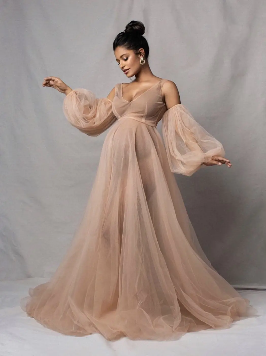 

Nude Tulle Kimono Women Dresses Robe for Photoshoot Extra Puffy Sleeves Prom Gowns African Cape Cloak Maternity Dress