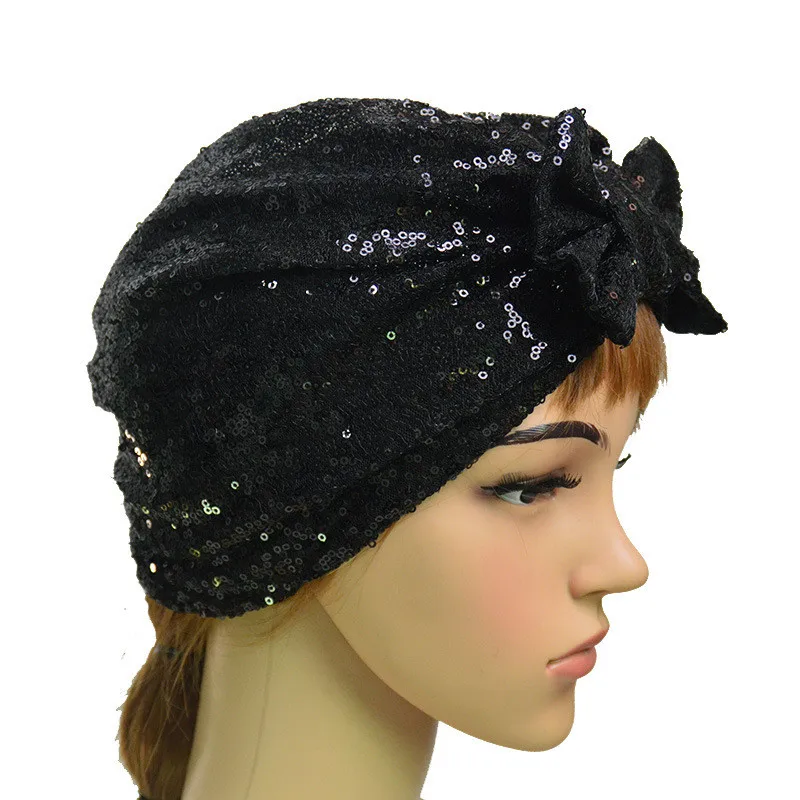 Shiny Sequins Bonnet Women Bowknot Turban Hat Head Scarf Caps Head Wrap Chemo Beanies Bows Hair Cover Party Accessories