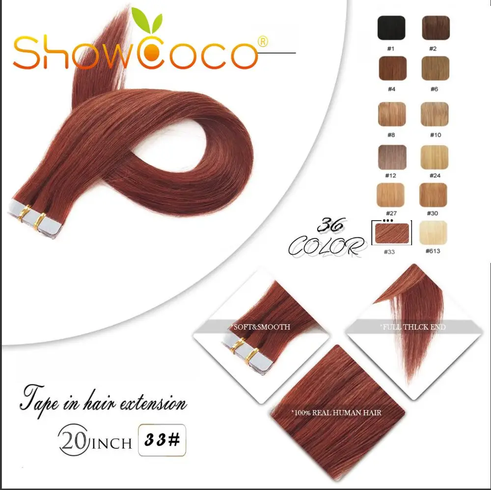 Showcoco Tape in Human Hair Extension Natural Human Hair Straight 100% Remy Hair 16-24 Inch Adhensive Extension 20/40pcs