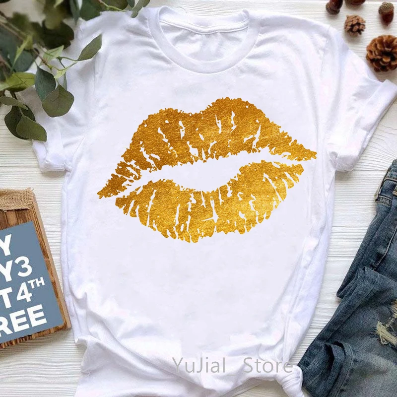 Red Glitter Lips Print T-Shirt Women\'S Clothing Summer Fashion Tshirt Femme White Style T Shirt Female Harajuku Shirt Wholesale