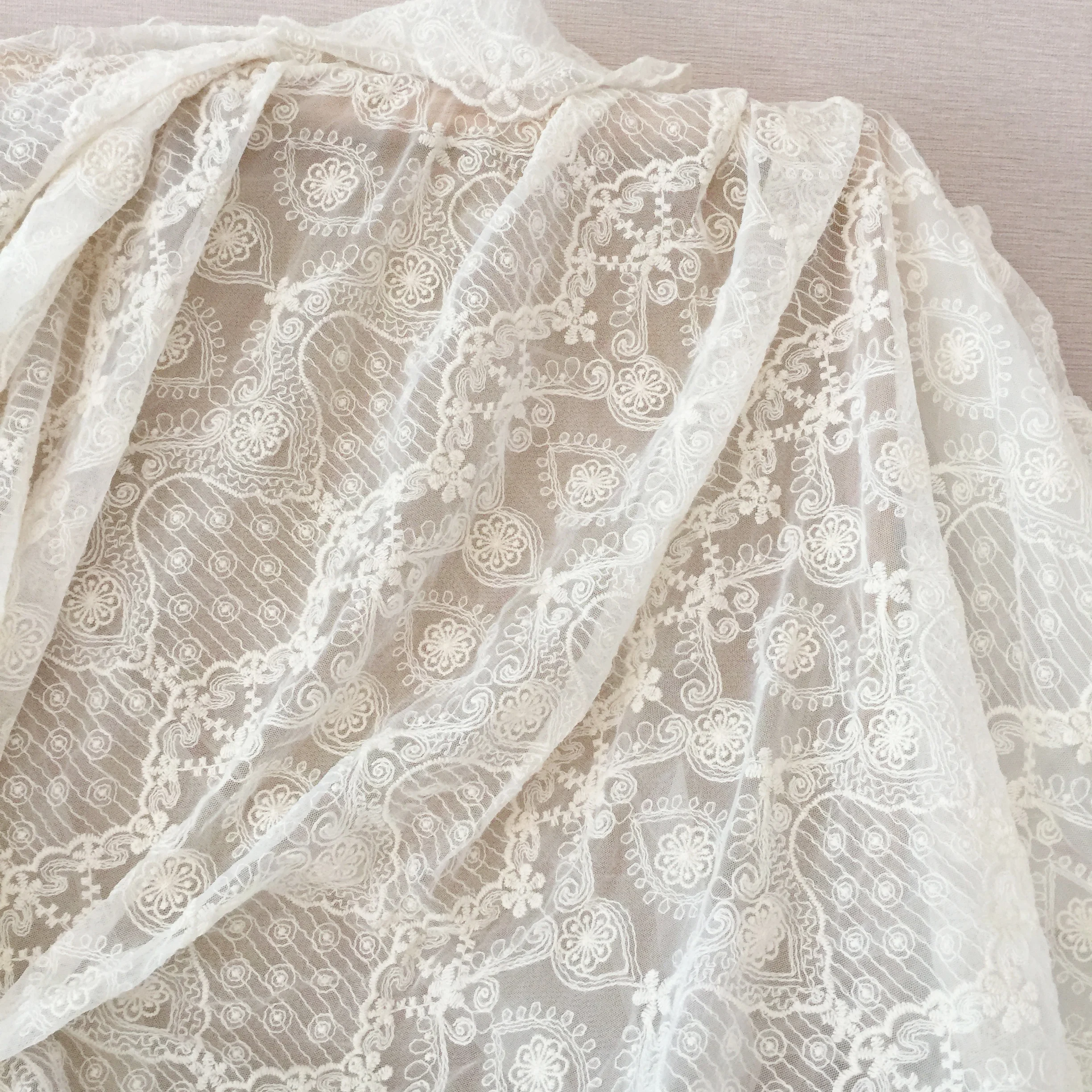 3 Yards Vintage Cotton Lace Fabric in Beige, Embroidered Floral DIY Fabric, French Lace Fabric, Bridal Lace Fabric