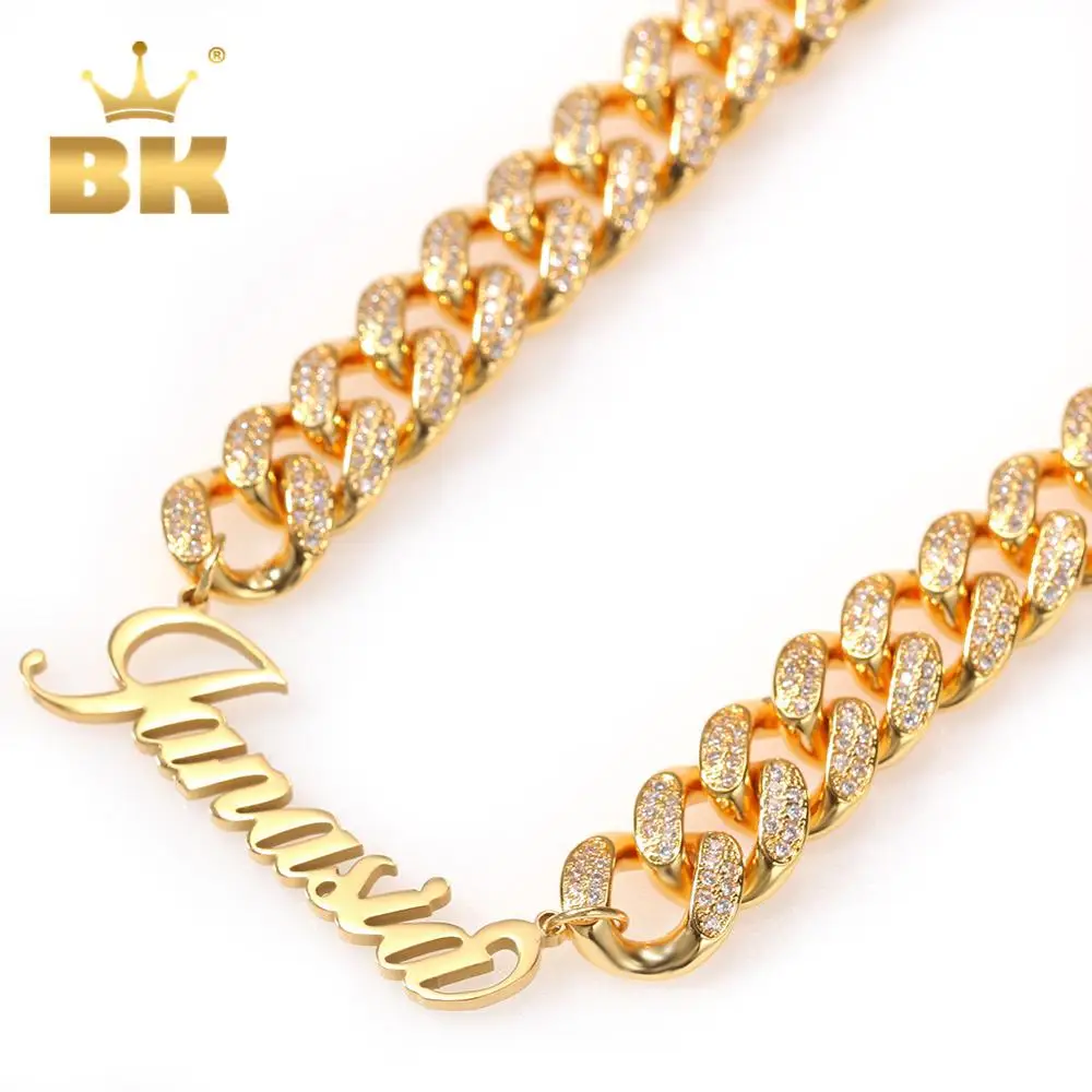 

The Bling King Gold 12mm Copper Chain Stainless Steel Art Font Plated Luxury Cuban Chain Necklace With Zirconia Stones